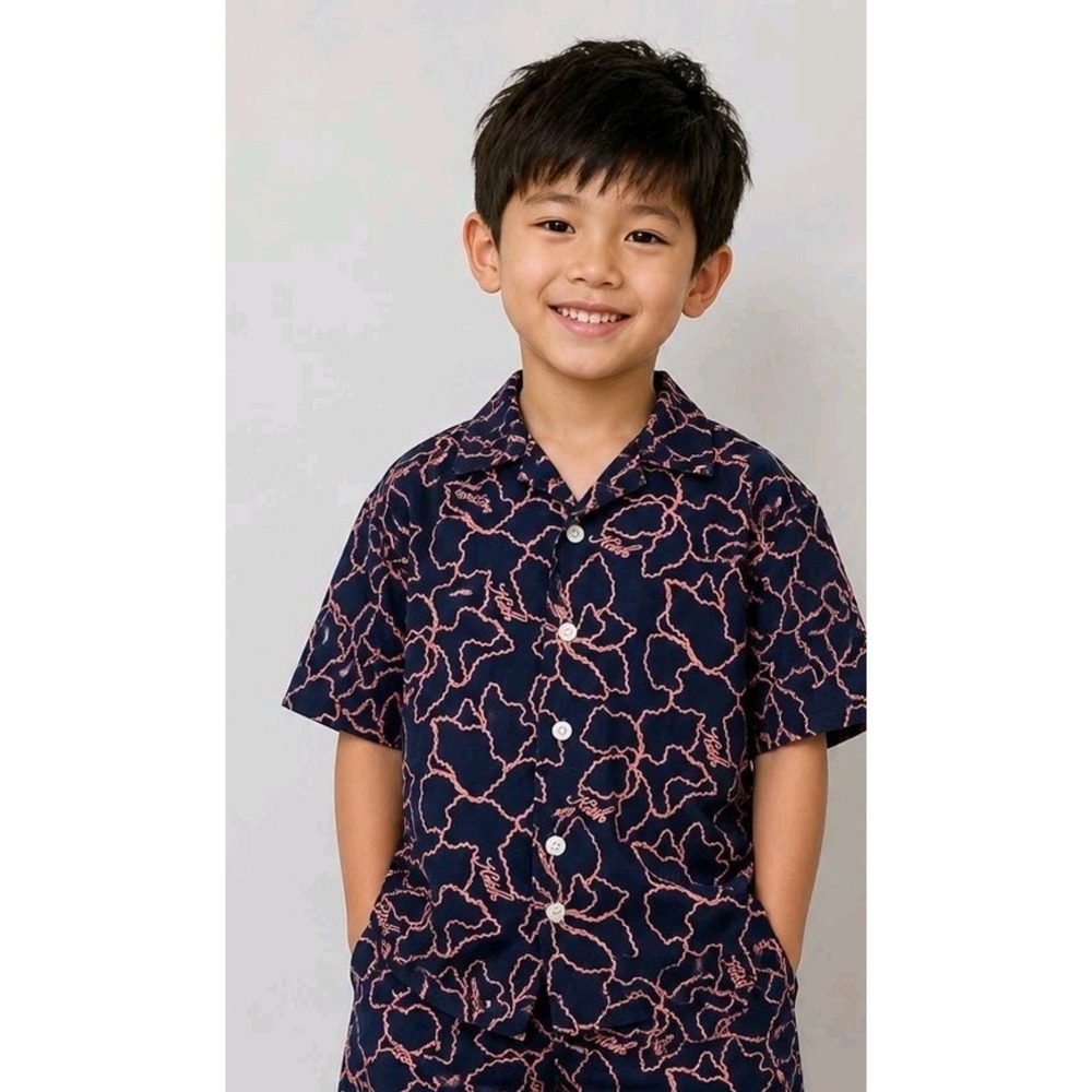Kith Kids New York Floral Cotton Shirt Navy Pink S Unisex Toddler Resort Luxury